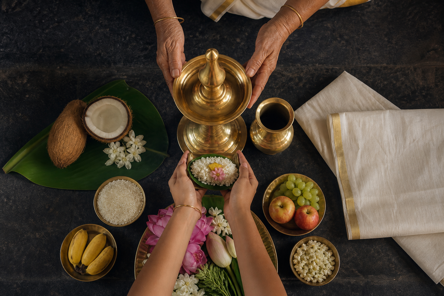 An elder and a younger person arrange a brass lamp, water vessel, flowers, coconut, rice, fruit, banana leaf, and Kerala-style woven cloth on a stone floor.