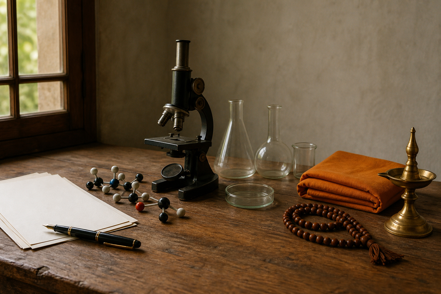 A continuous tabletop arrangement moves from academic papers and laboratory tools to saffron cloth, prayer beads, and a brass lamp.