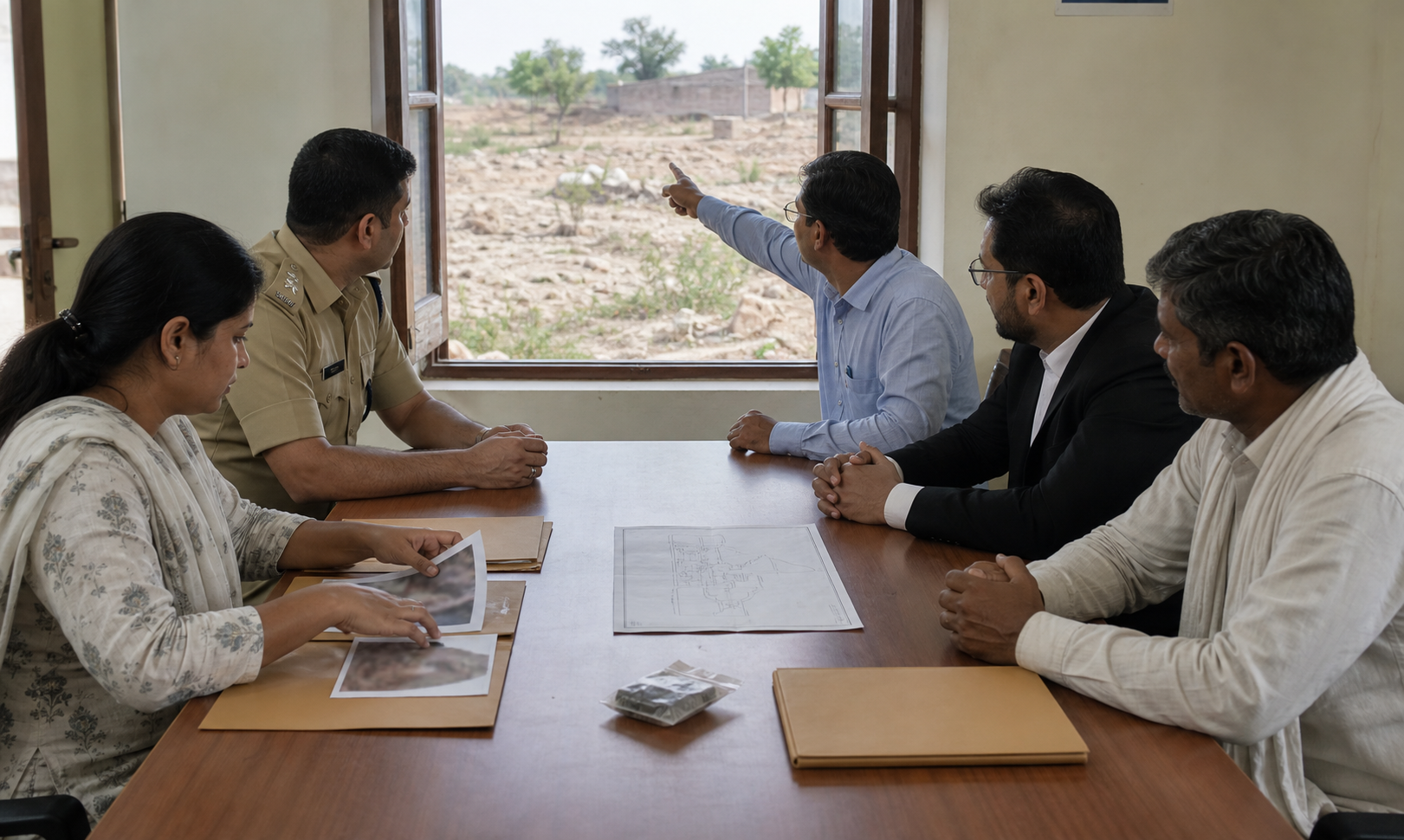 Officials, a lawyer, and community representatives examine photographs, a site plan, evidence, and files around a meeting table.