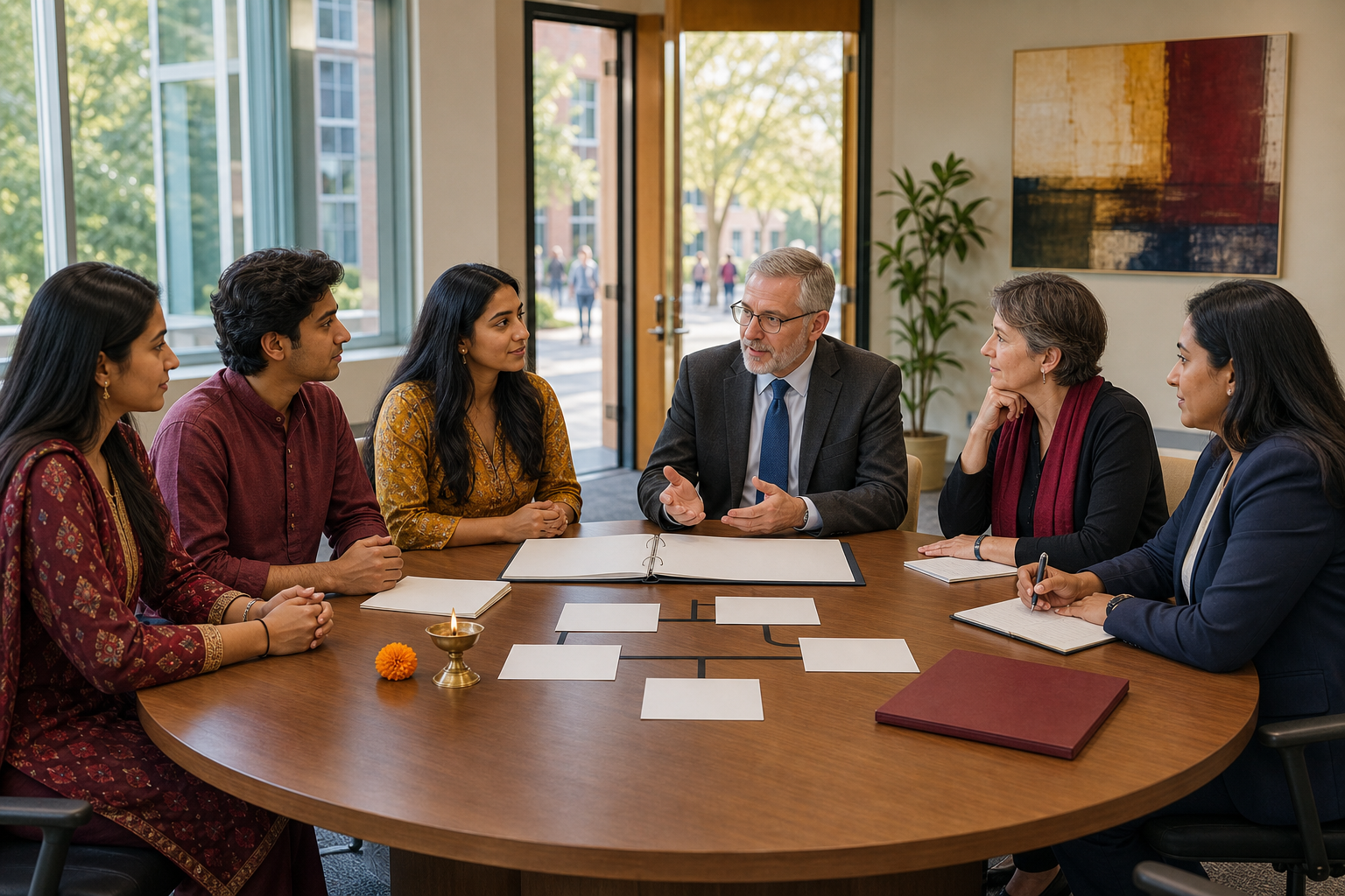 Hindu student representatives, faculty, and university administrators discuss policy and campus training around a circular conference table.