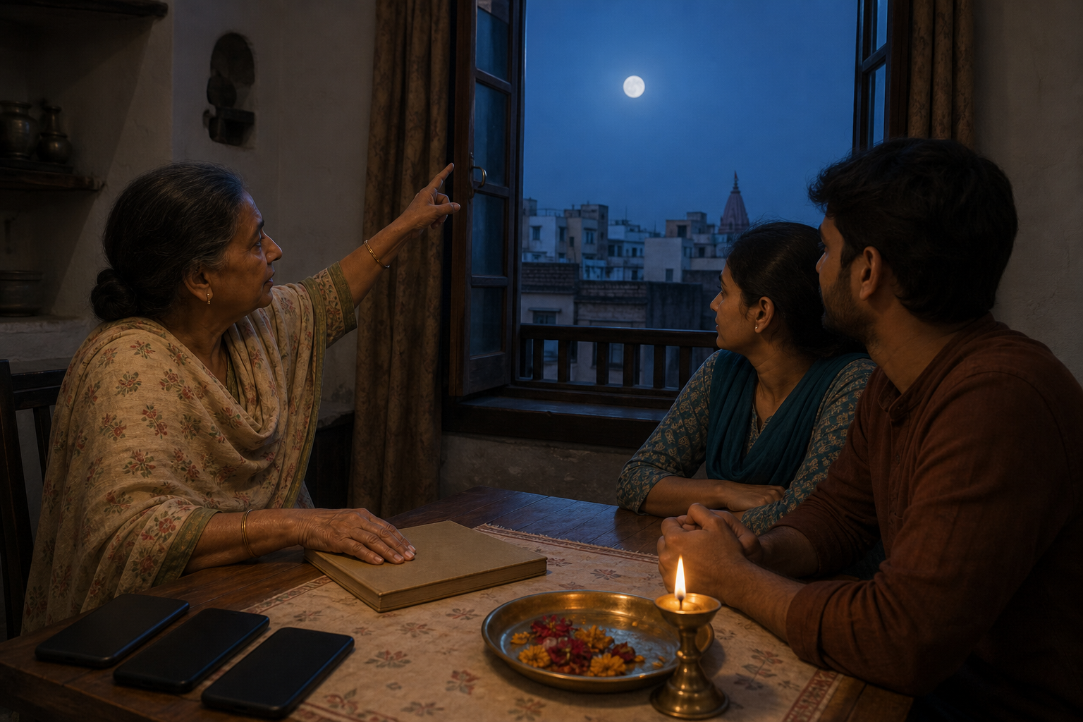 A family elder closes an unmarked almanac and gestures toward the moon while younger relatives wait beside an oil lamp and face-down phones.