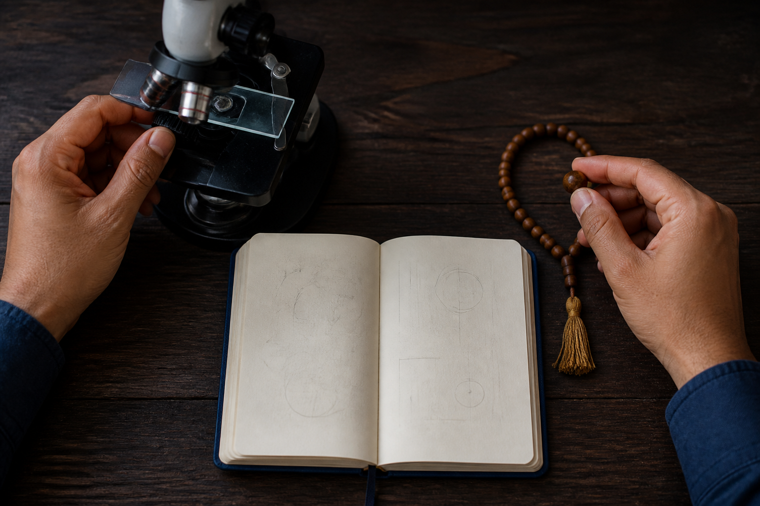 Two hands use a microscope and prayer beads at the same table beside an open notebook with abstract, unreadable marks.