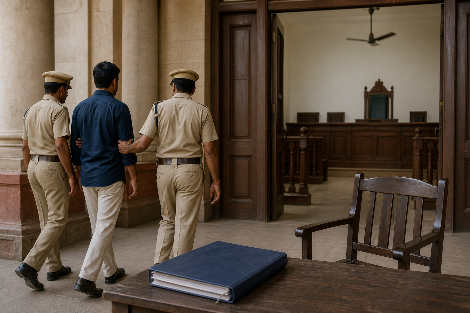 Police officers escort an anonymous adult toward a courthouse while an unopened case file and empty witness chair remain in the foreground.