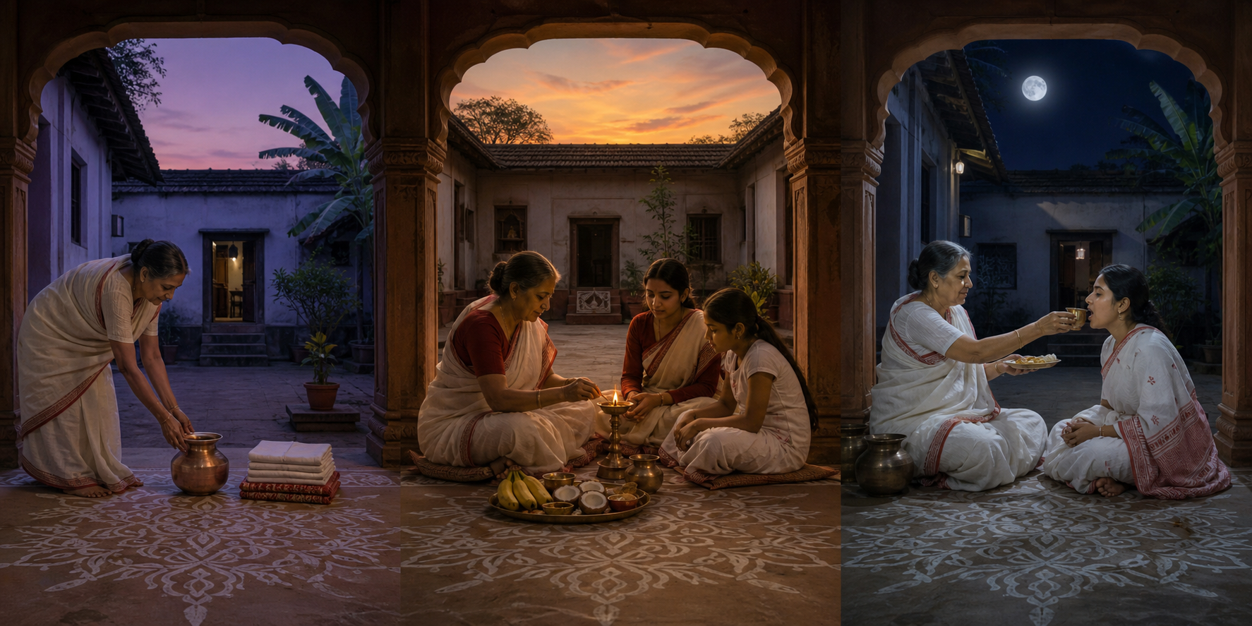 A three-part wordless scene shows one family preparing before dawn, lighting a ritual lamp at sunset, and ending a fast with water and food under the night sky.