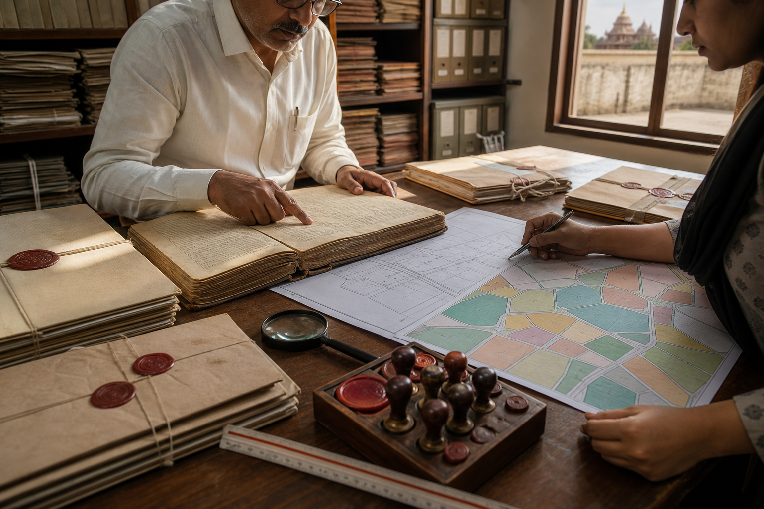 An archivist and legal researcher compare a boundary ledger, survey sheet, map, and sealed folders in a land-records office.