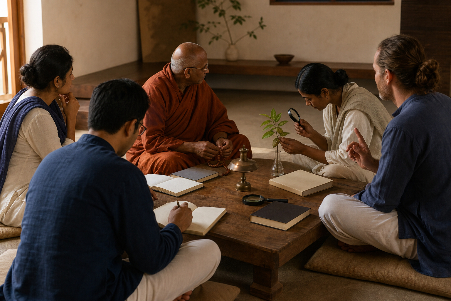 A monk-scholar and four adult students study books, a plant specimen, a magnifying lens, and prayer beads around a low table.