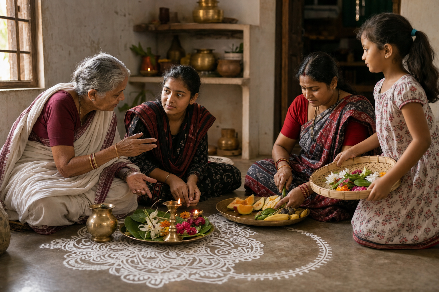 A grandmother teaches a teenager beside a ritual arrangement while an adult prepares fruit and a child carries flowers in an Odisha-style family home.