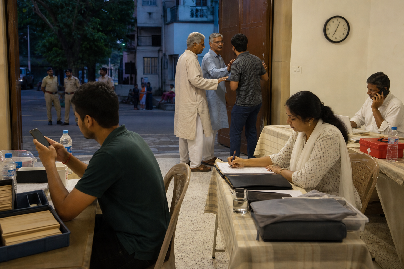 Community volunteers preserve phone evidence, record witness details, contact a lawyer, and calmly manage visitors in a civic hall.