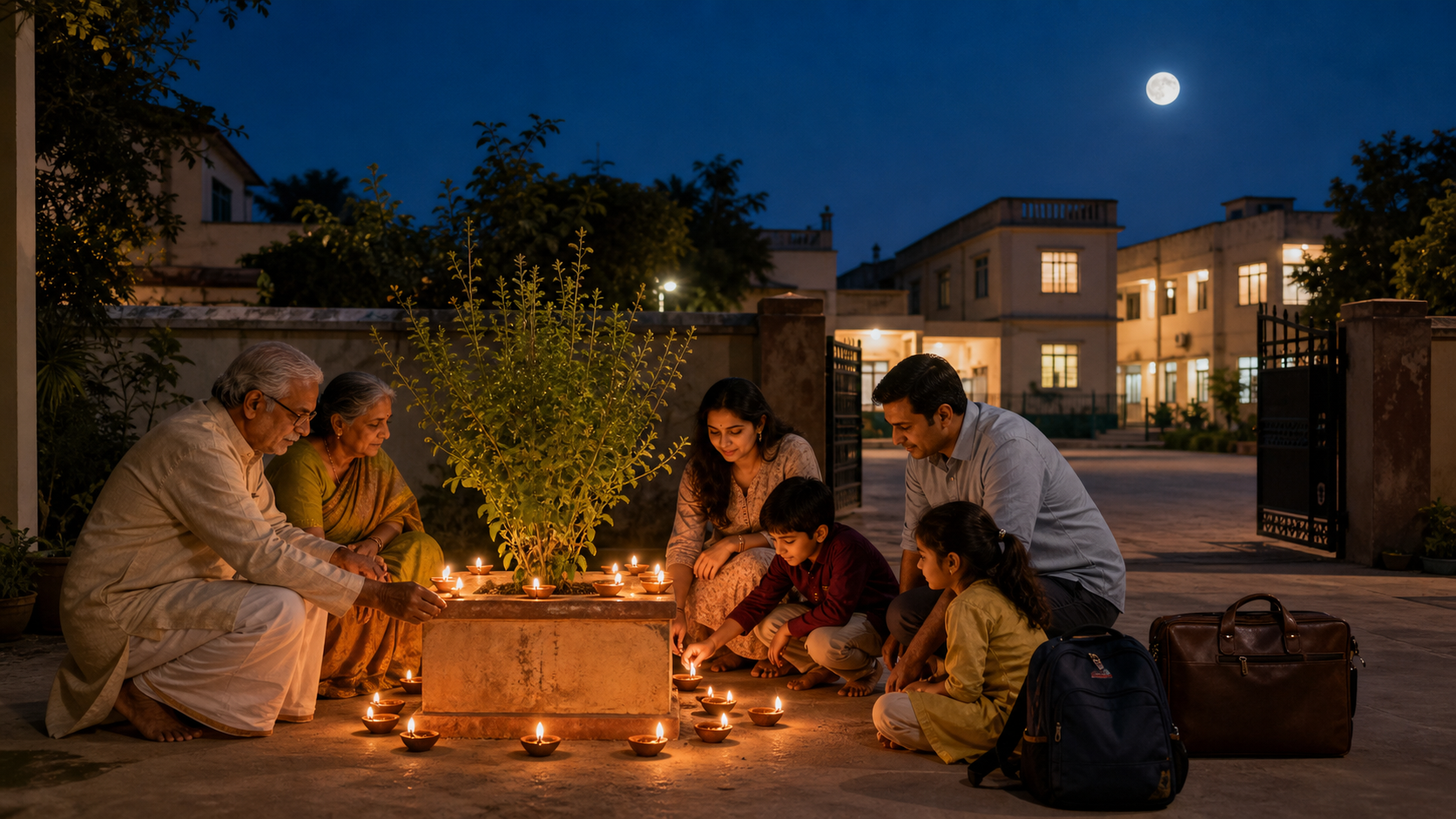 A multigenerational Indian family lights clay lamps beside a tulsi plant at twilight, with a school backpack, work bag, and neighborhood buildings nearby.