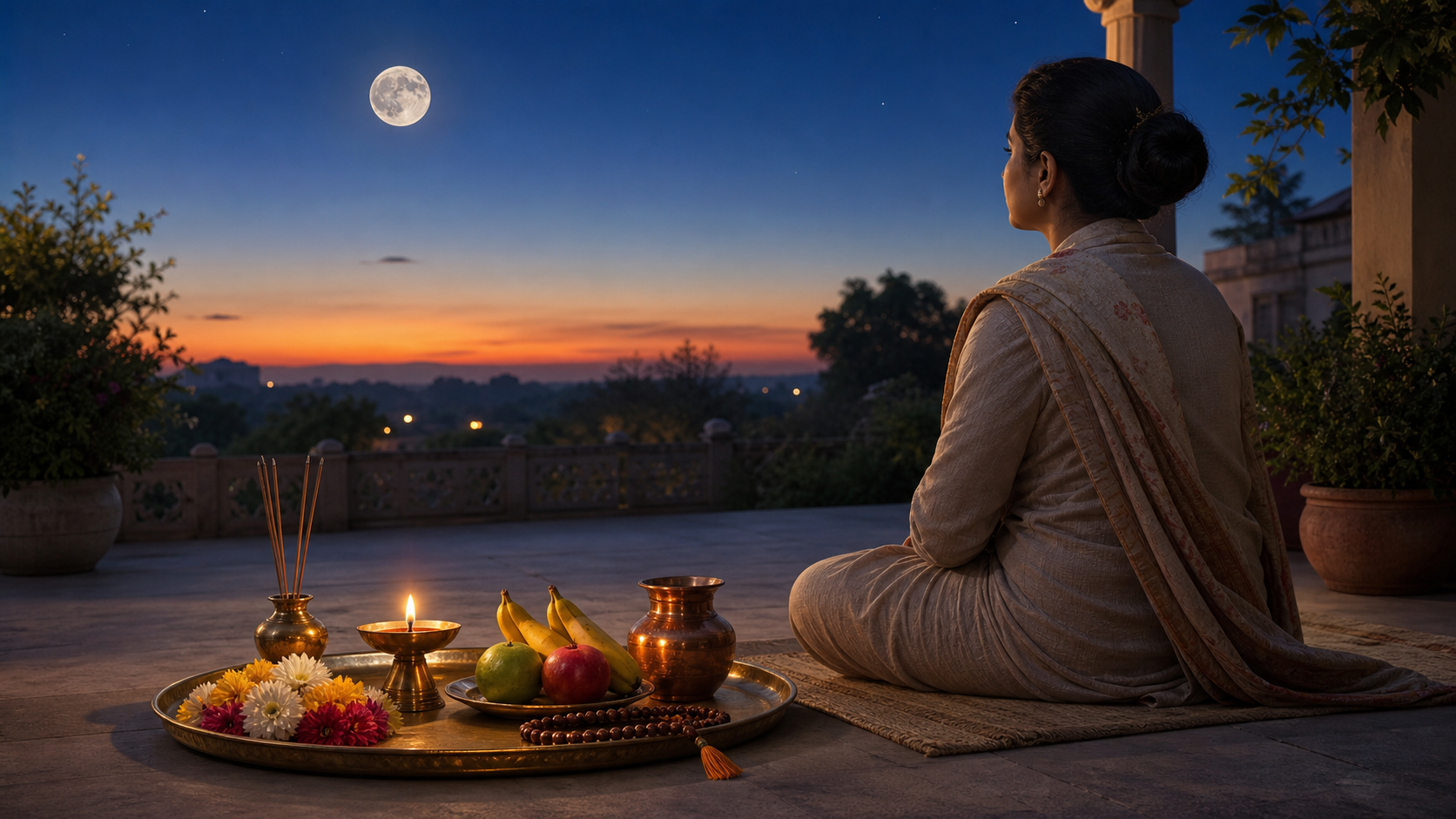 A person sits beside a lamp, flowers, fruit, and a copper water vessel in a courtyard as twilight fades and the moon rises.