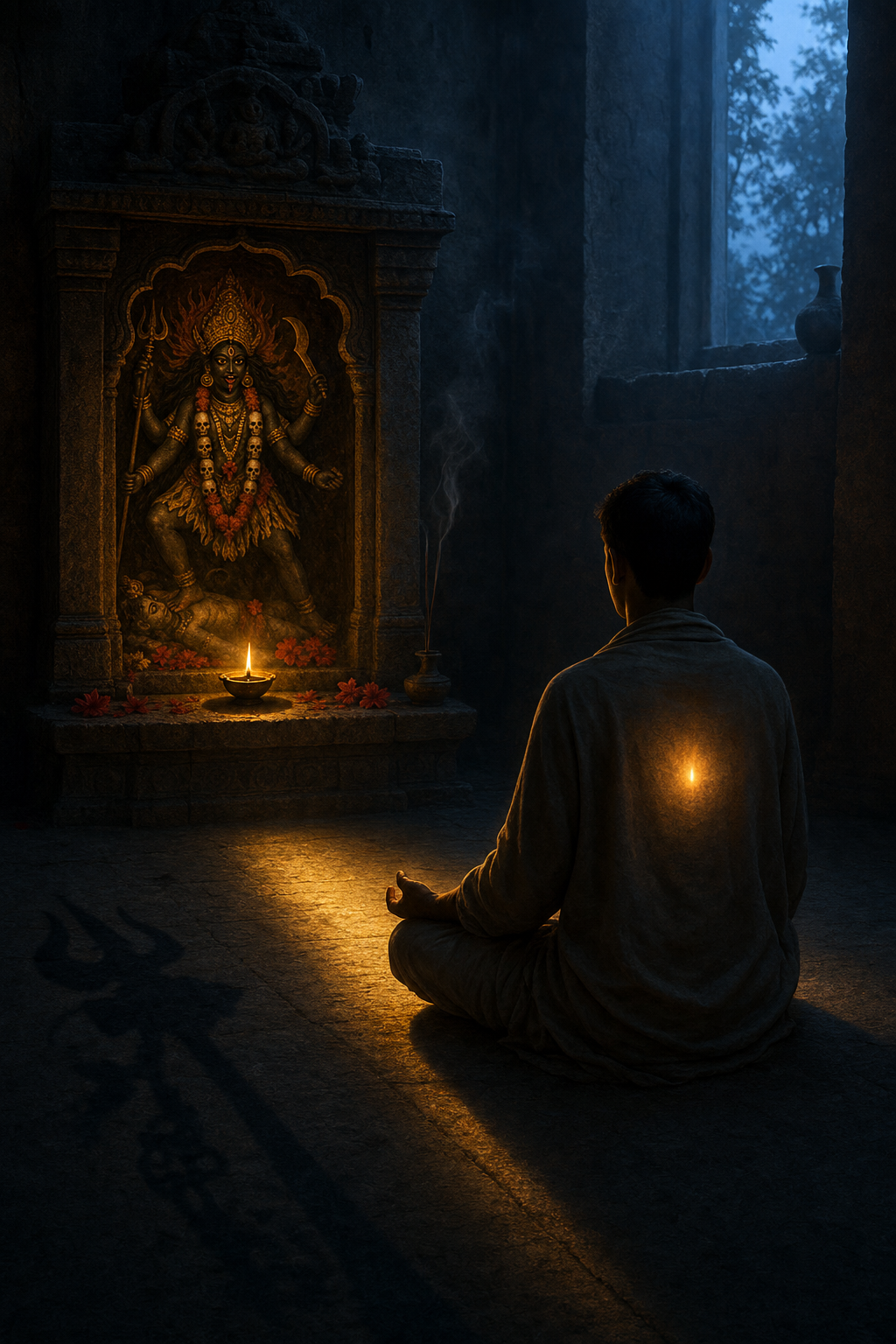 A devotee meditates before a small shrine of Chamunda as a steady golden light links the goddess's flame halo with a small flame at the devotee's heart.