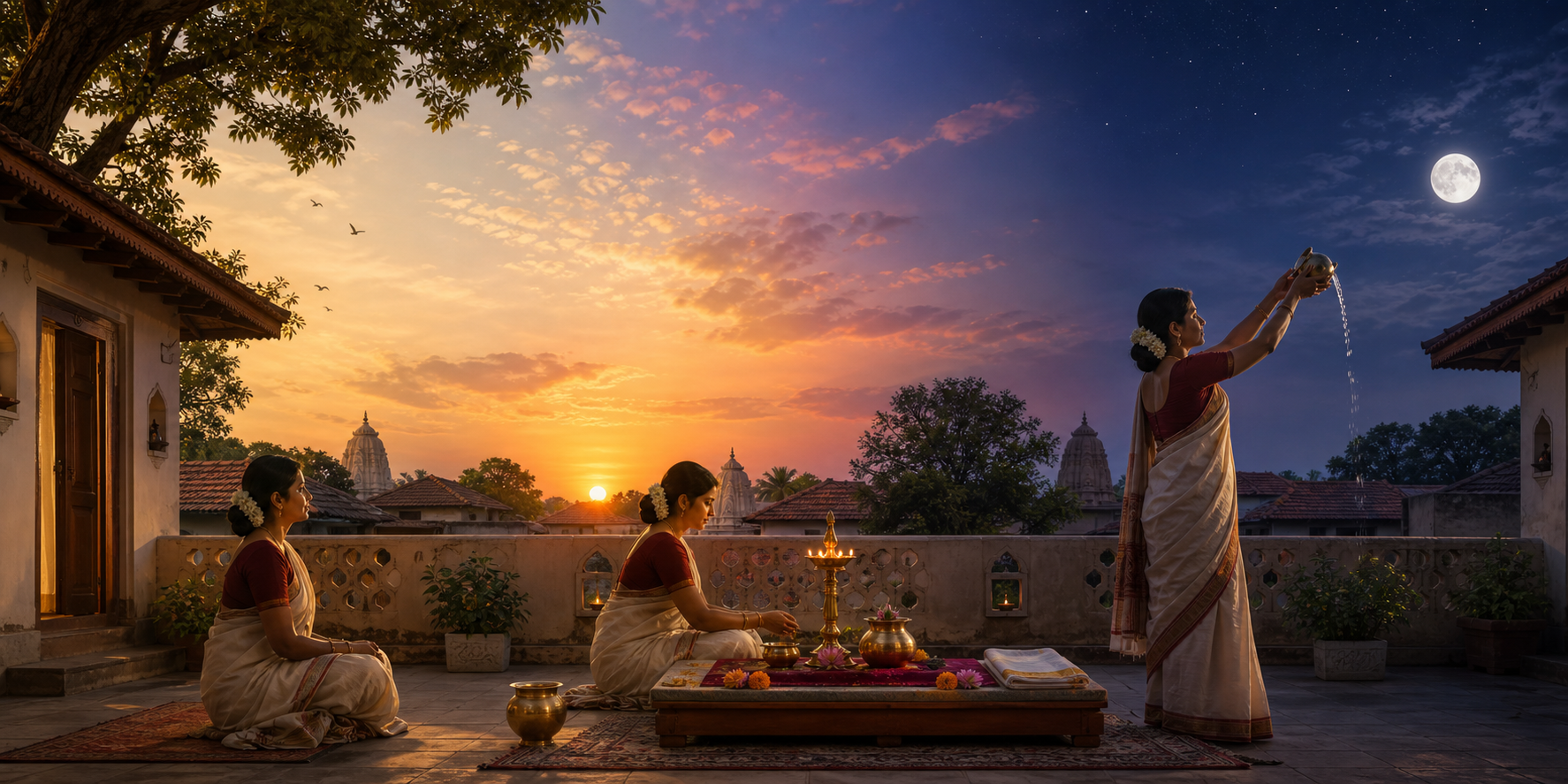 A continuous courtyard scene moves from late afternoon through sunset to moonrise, with a devotee preparing worship and later offering water toward the moon.