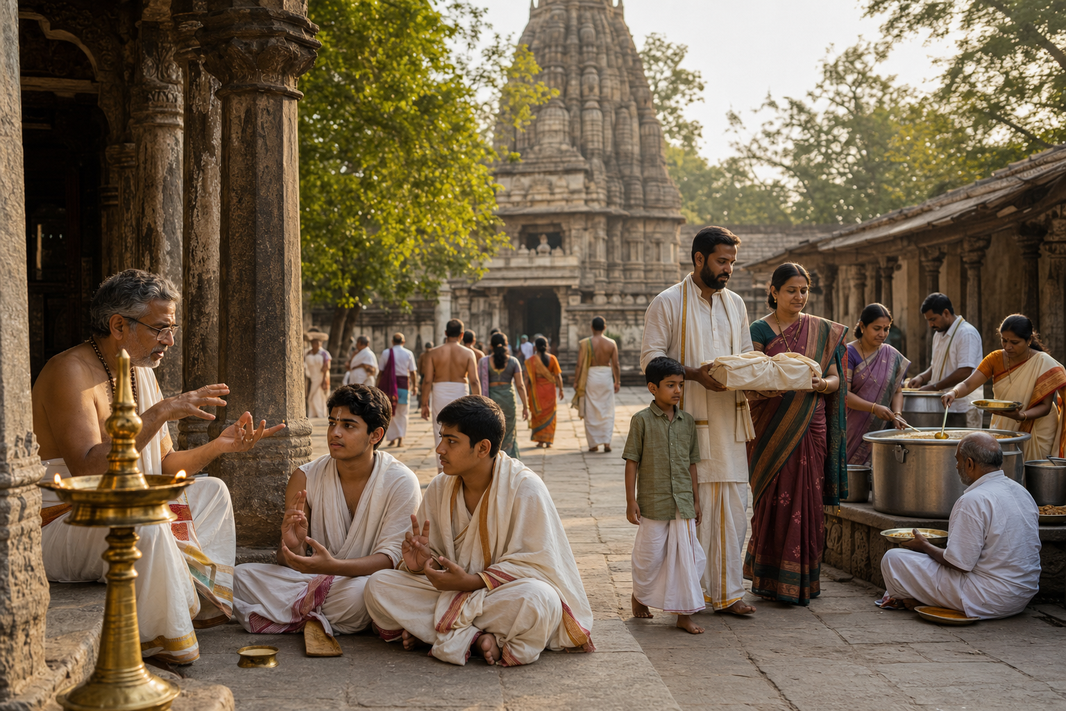 Several generations sustain living heritage in a temple courtyard through ritual teaching, manuscript care, community food service, and pilgrimage.