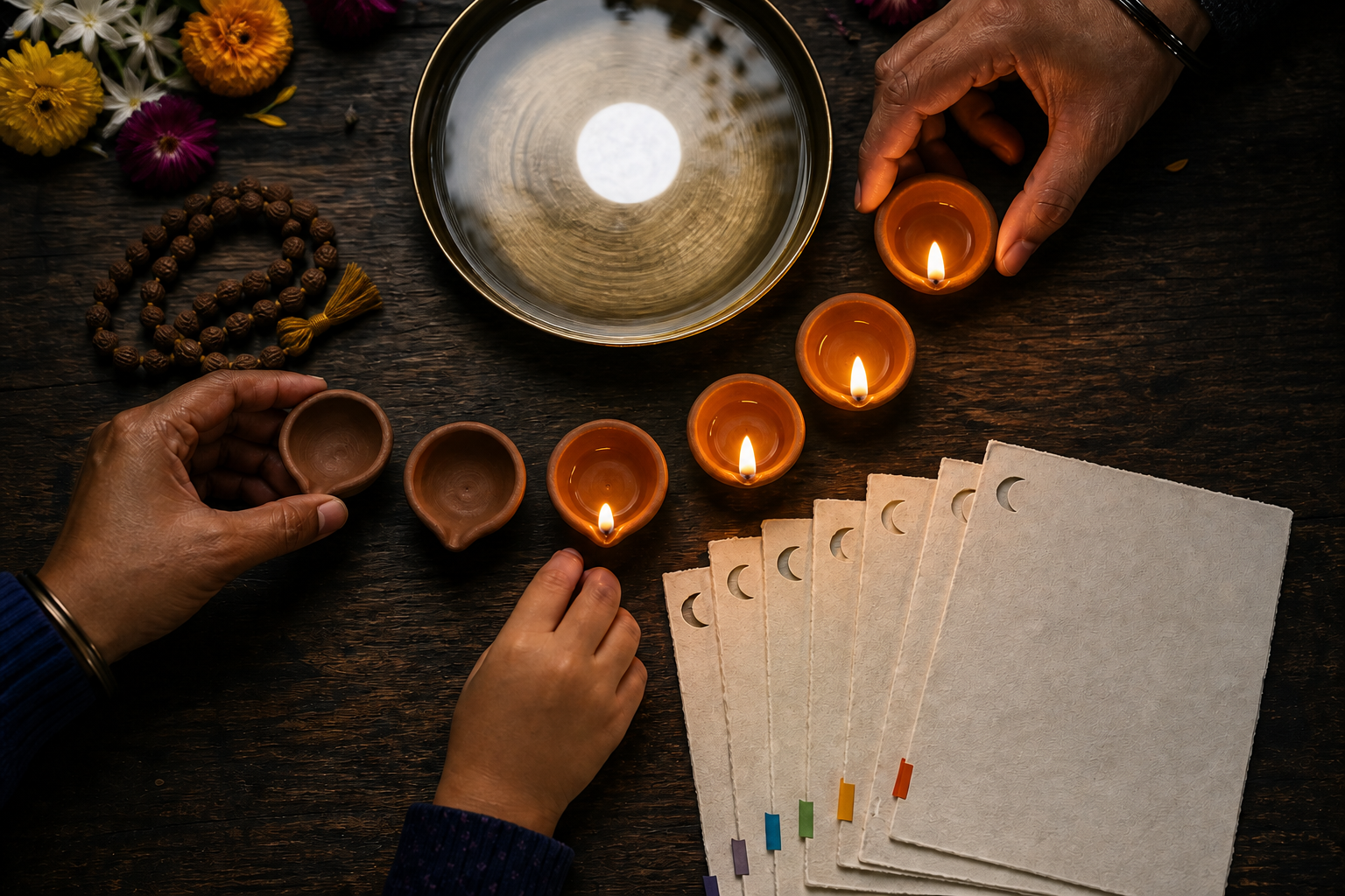 Three family members arrange clay lamps, colored paper tabs, flowers, and prayer beads around a dish reflecting the moon.