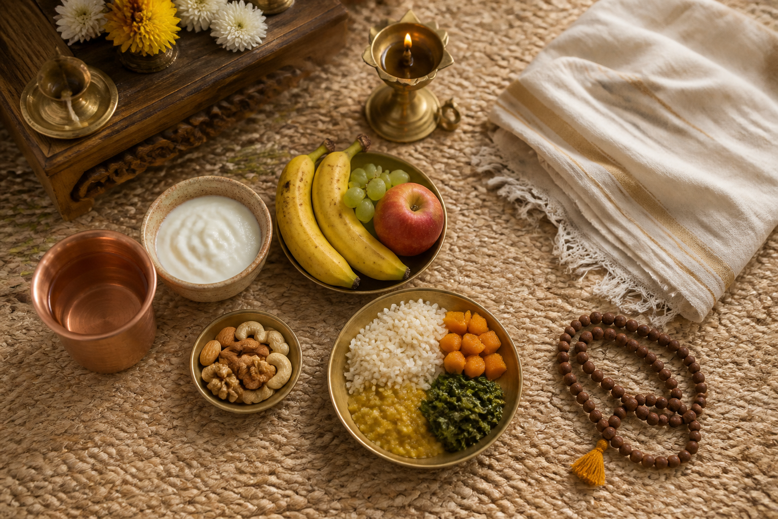 Water, yogurt, fruit, nuts, and a simple vegetarian meal are arranged beside prayer beads, flowers, and a brass oil lamp.