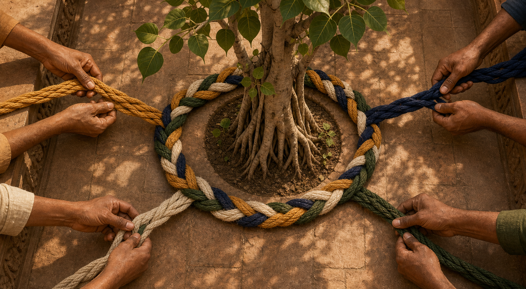 Several hands braid four differently colored cords into a circular band around a young banyan tree in a sandstone courtyard.