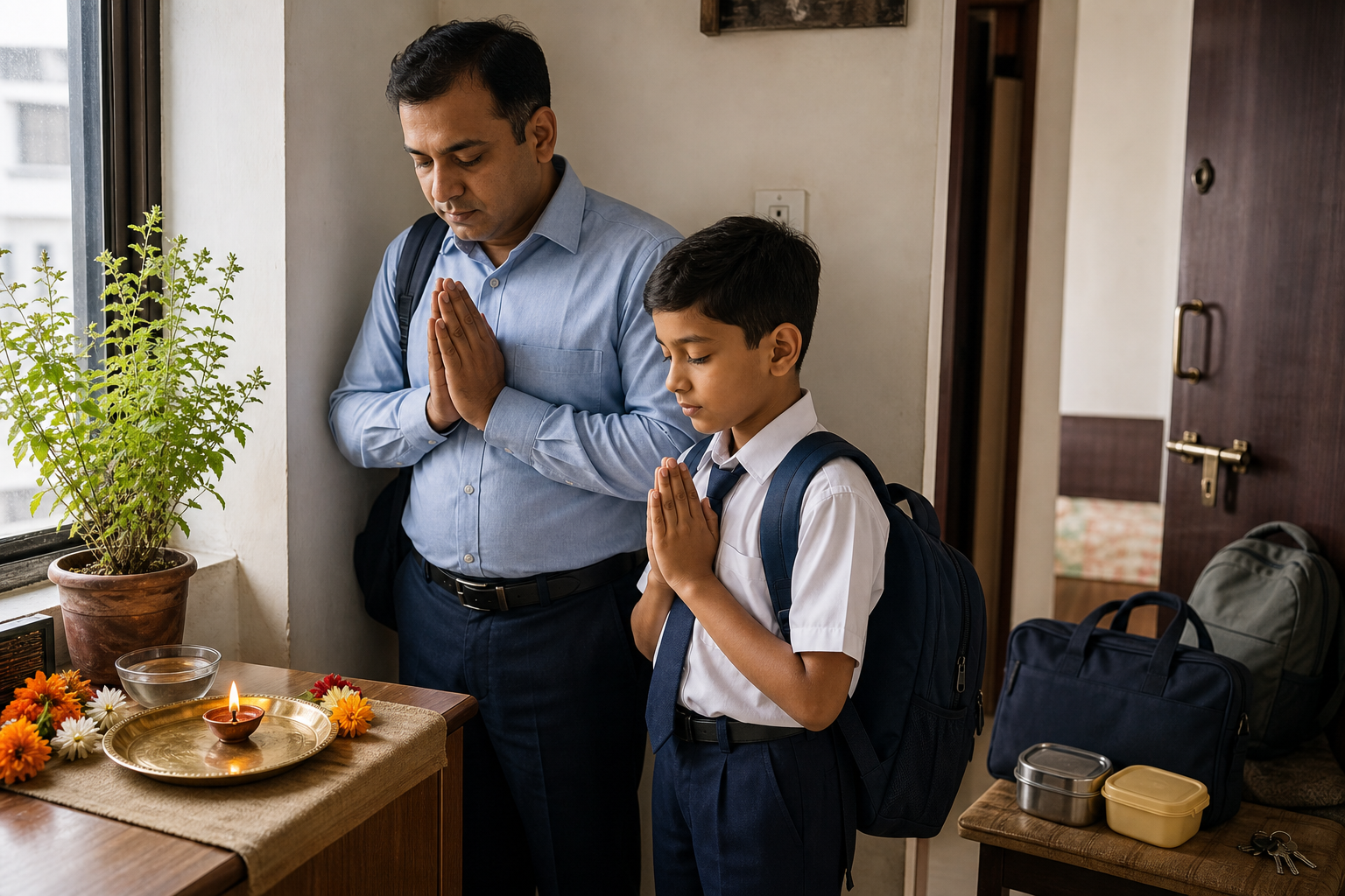 A parent and child pause beside a single clay lamp and tulsi plant before leaving an apartment with their work and school bags.