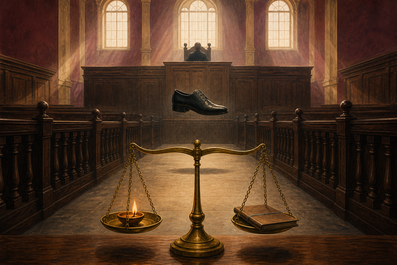 Conceptual illustration of an anonymous courtroom, a shoe suspended above the aisle, and balanced scales holding an oil lamp and a legal file.
