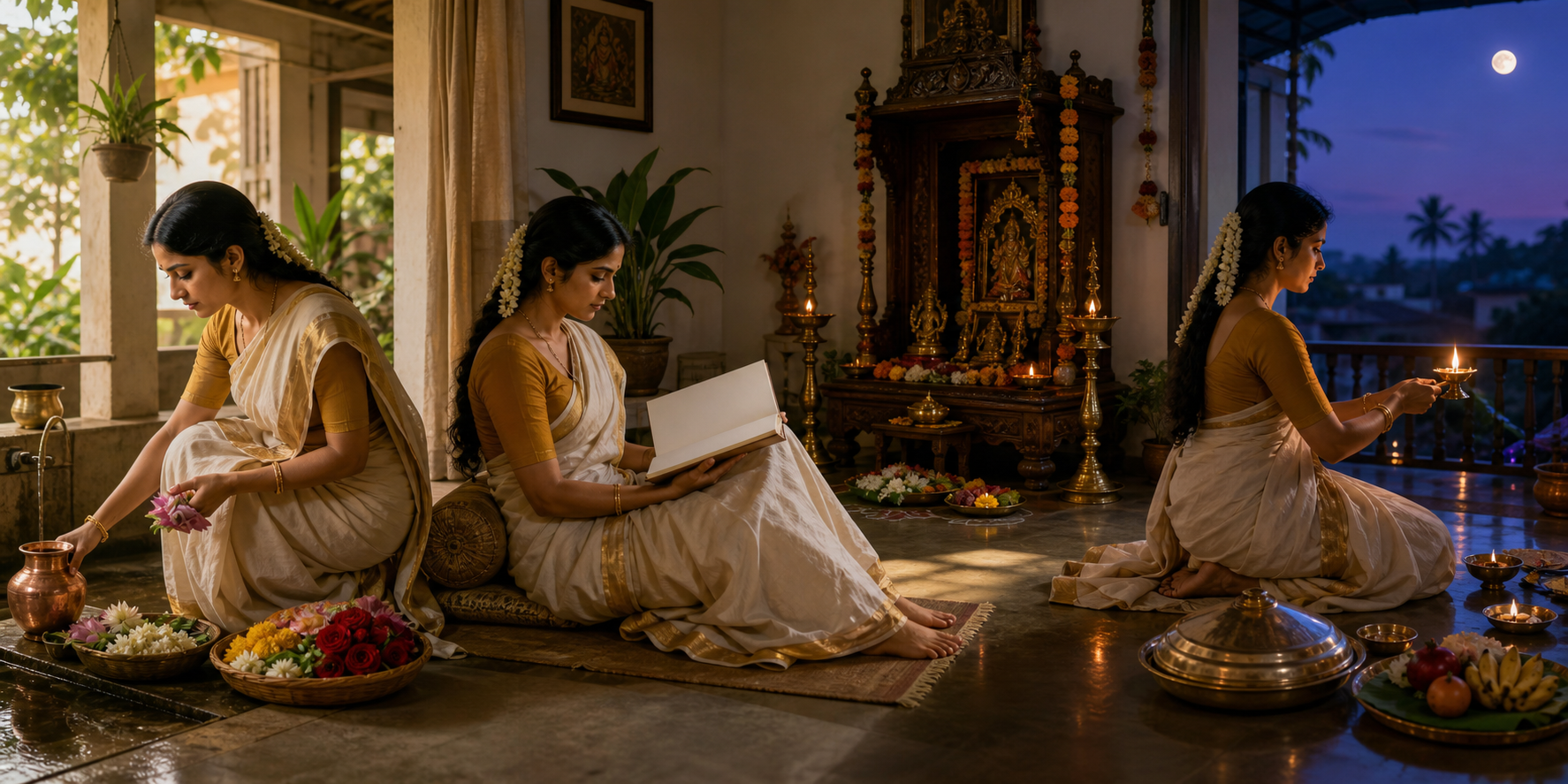 A panoramic household scene shows morning preparations, afternoon rest, twilight lamp worship, and food set aside as the moon appears.