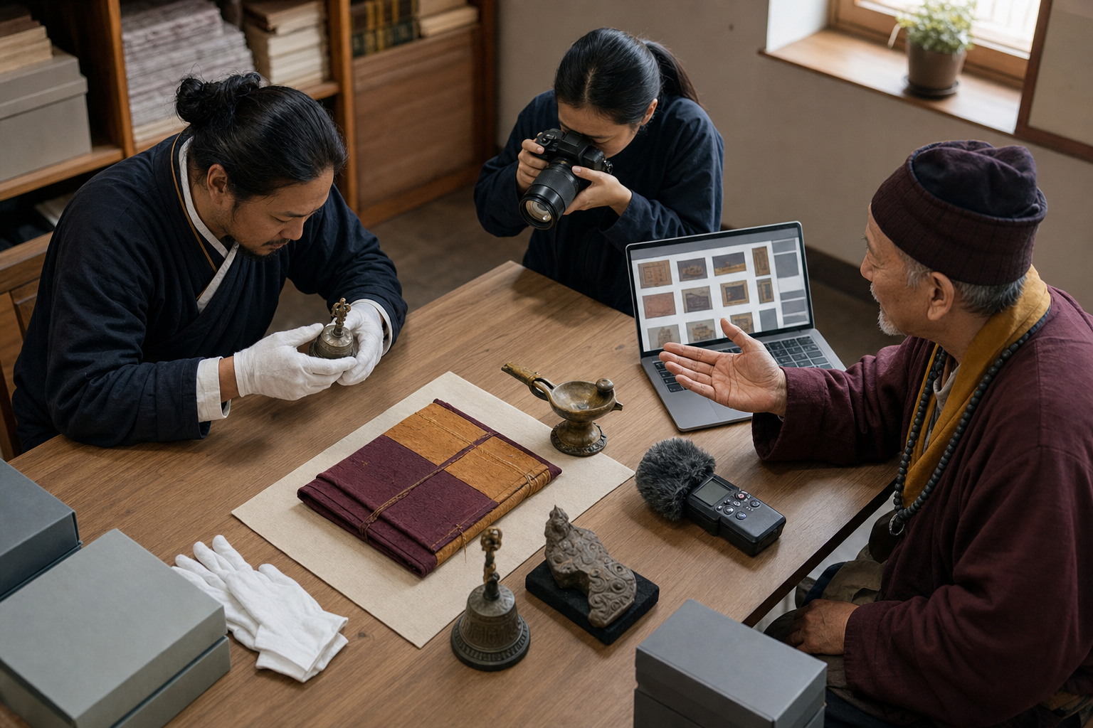 A heritage team documents ritual objects and an archival bundle with photography and audio recording under the guidance of a local custodian.