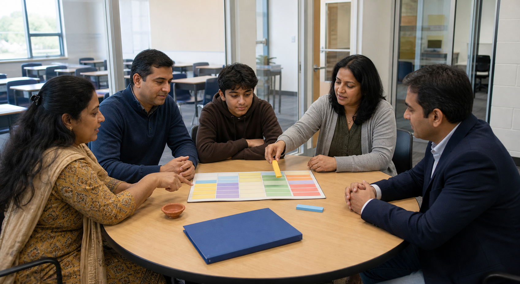 An Indian family meets with a teacher and workplace representative around a table with a blank planner, schedule tokens, school materials, and a clay lamp.