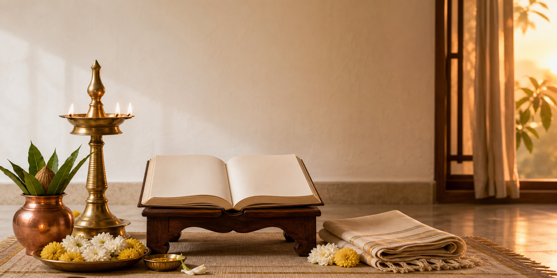 A brass lamp, copper kalasha, flowers, prayer cloth, and open unmarked almanac in a home prayer space lit by changing daylight.