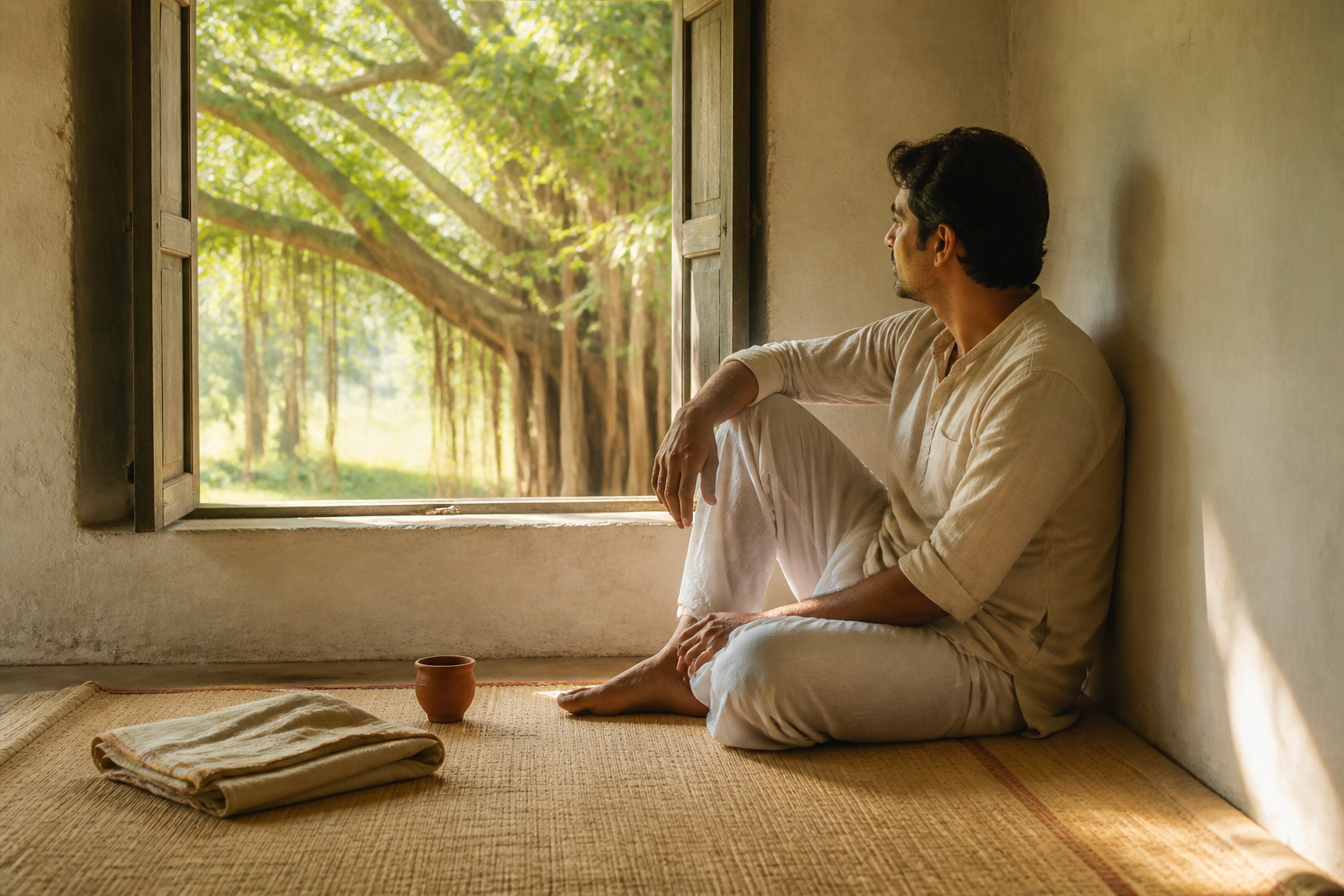 A person sits in a simply furnished sunlit room beside an open window overlooking a banyan tree.