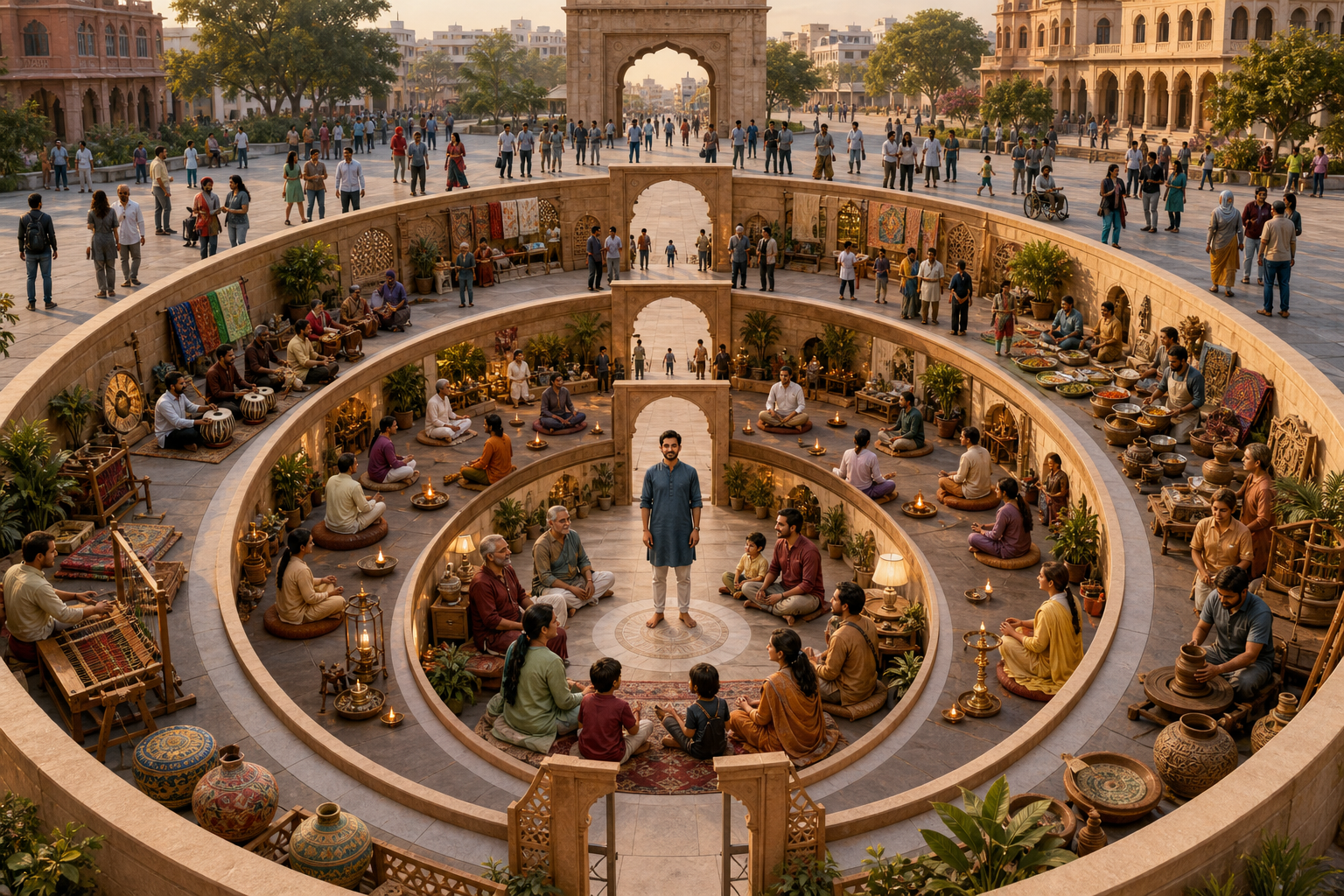A person stands within four open concentric courtyards containing family, spiritual, cultural, and civic scenes.