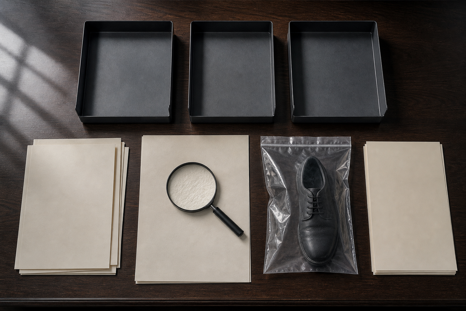 A magnifying glass, blank documents, evidence trays, and a plain shoe in a transparent evidence sleeve arranged on a legal desk.