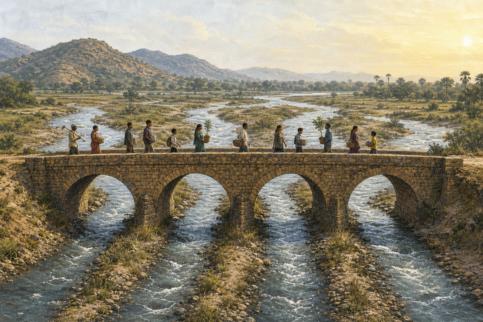 People carrying books, tools, baskets, and saplings cross a stone bridge above four separate river channels.