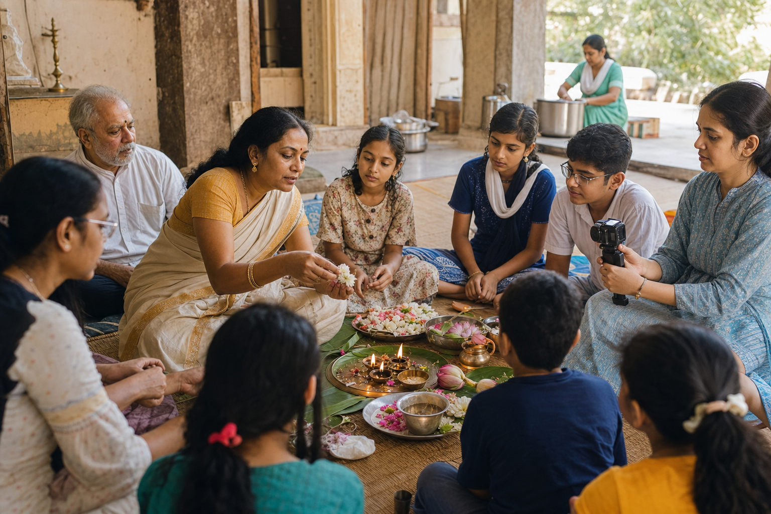 A woman teaches an intergenerational group how to perform a flower-and-lamp offering in a community hall.