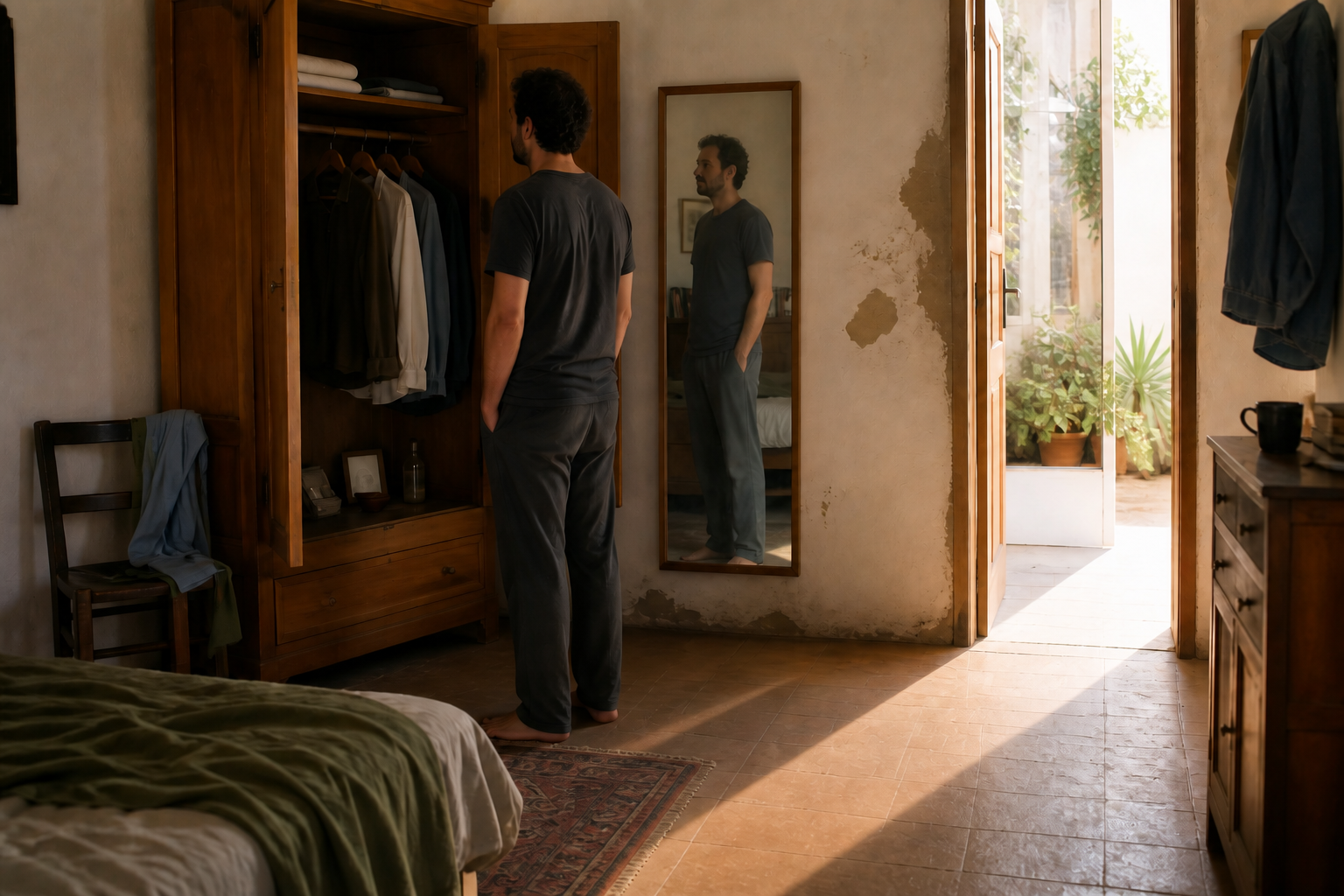 A person stands beside a sparsely filled cupboard as light from an open doorway casts a long shadow across the room.