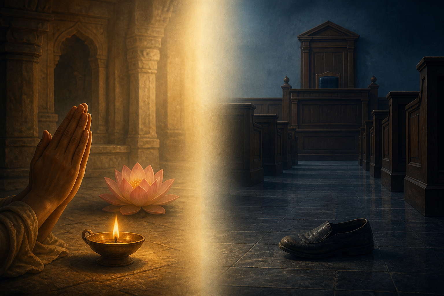 Split-scene illustration showing a devotional oil lamp and lotus on one side and a shoe on an empty courtroom floor on the other.
