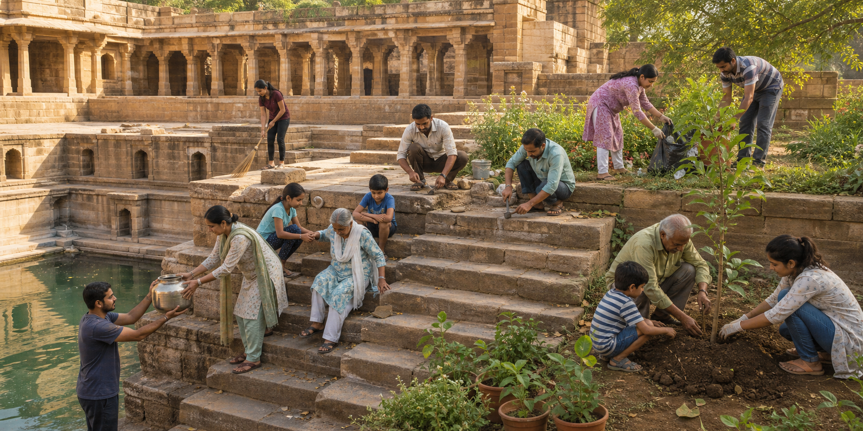 A multigenerational group repairs stone steps, carries water, removes litter, and plants a sapling beside a stepwell.