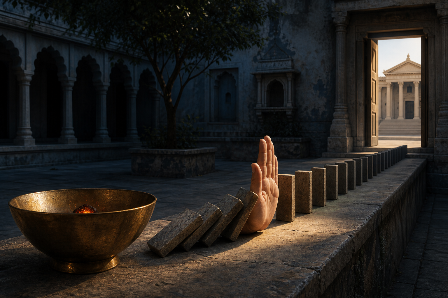 An anonymous hand stops falling stone dominoes between a contained ember and an open courthouse doorway.