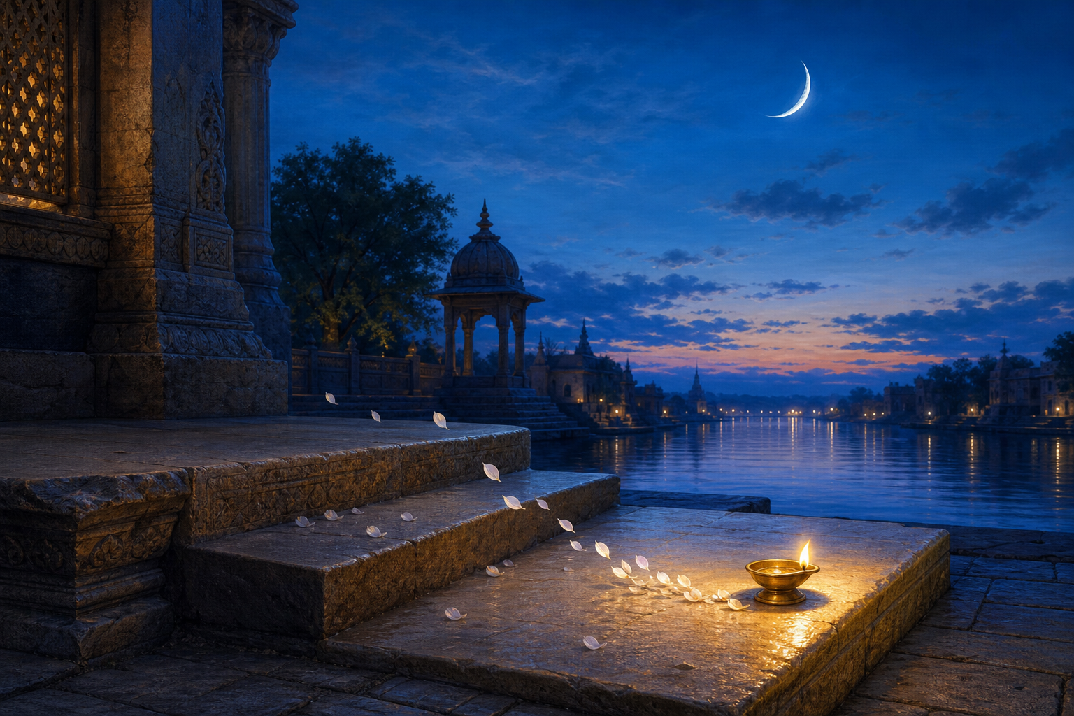 A waxing crescent moon above a temple courtyard where adjoining stone steps and flower petals suggest a gradual transition.