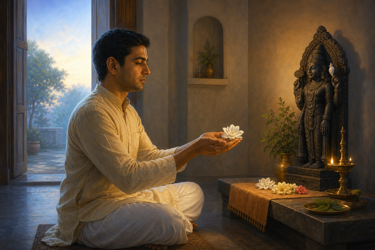 An upright devotee offers a white flower at a small Vishnu shrine illuminated by an oil lamp and early morning light.