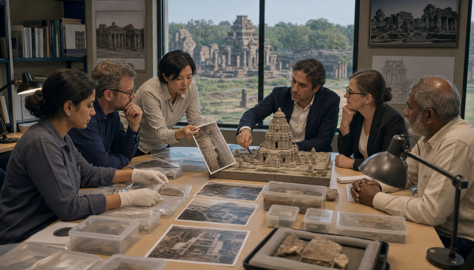Conservators, legal professionals, historians, and community custodians review photographic and physical evidence related to a historic temple.
