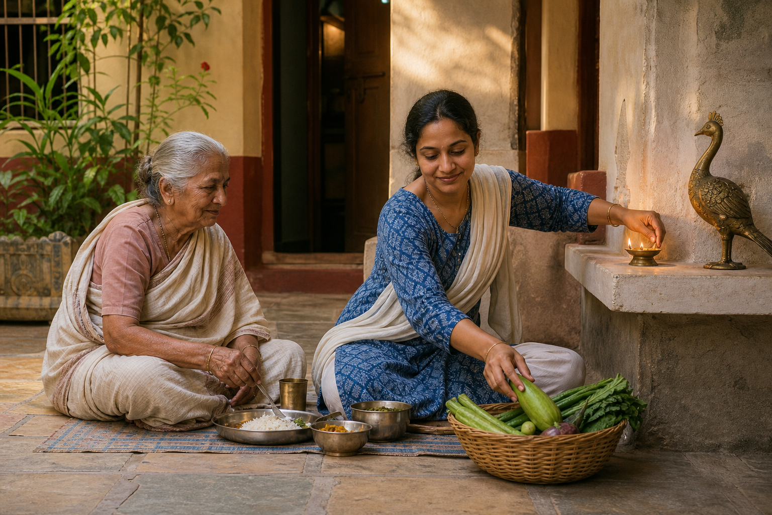 People in a quiet courtyard prepare vegetables, share a simple meal, and tend a small oil lamp near a decorative object left on a ledge.