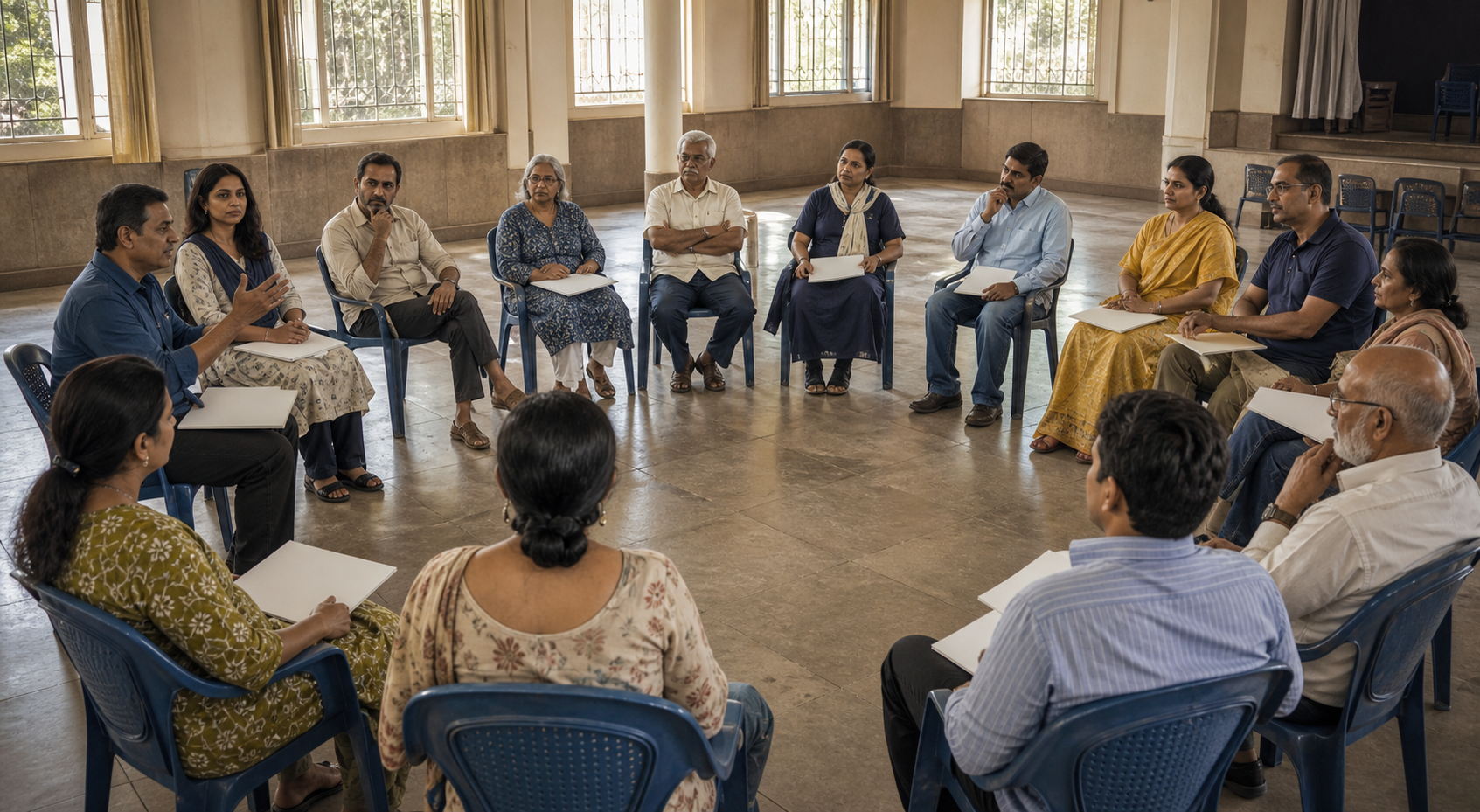 Adults seated in a circle listen to one speaker during a calm discussion in a community hall.