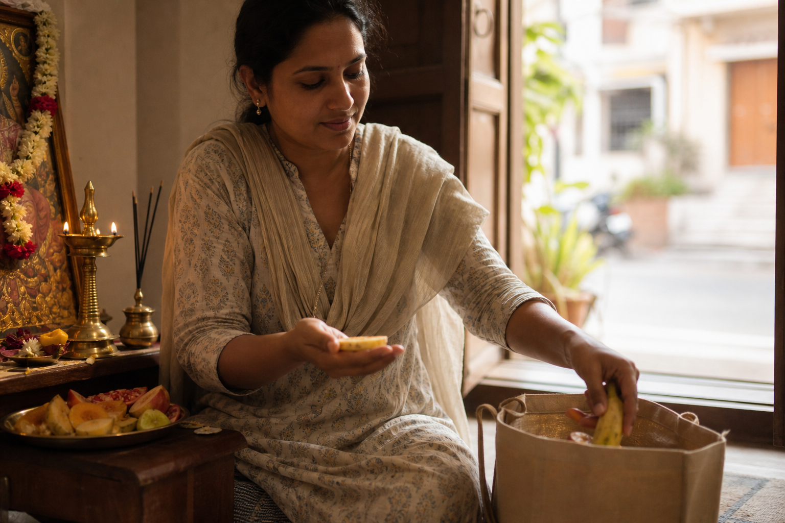 A worshipper receives fruit beside a home altar while packing more fruit into a reusable container to share.
