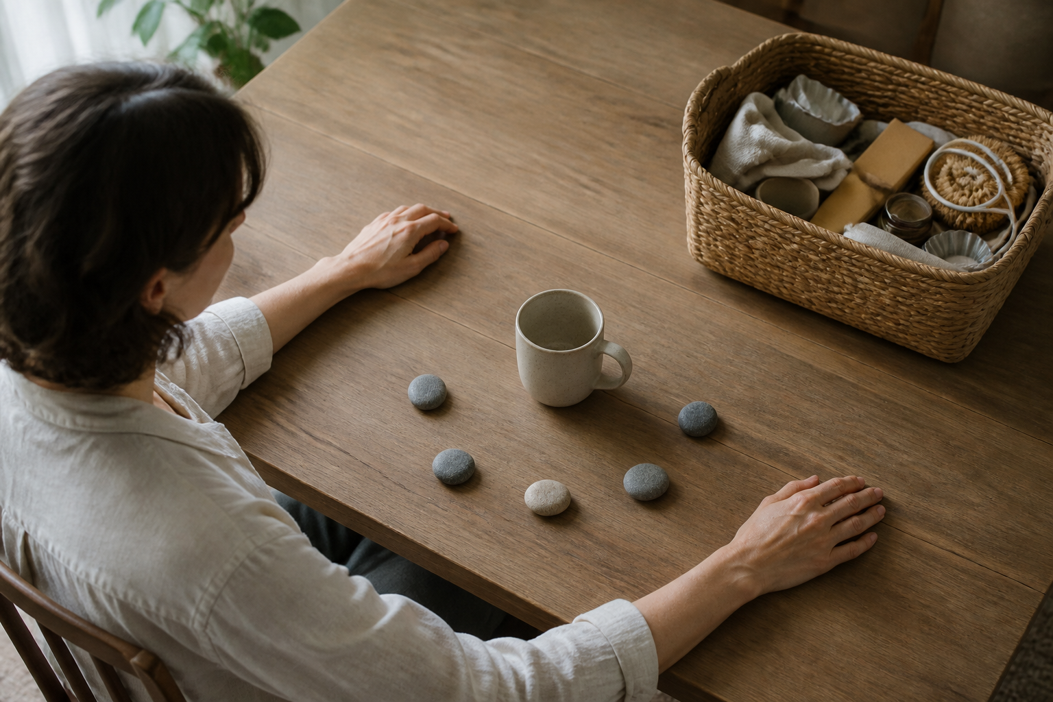 A seated person pauses before an everyday object surrounded by five small stones, with an open basket nearby.