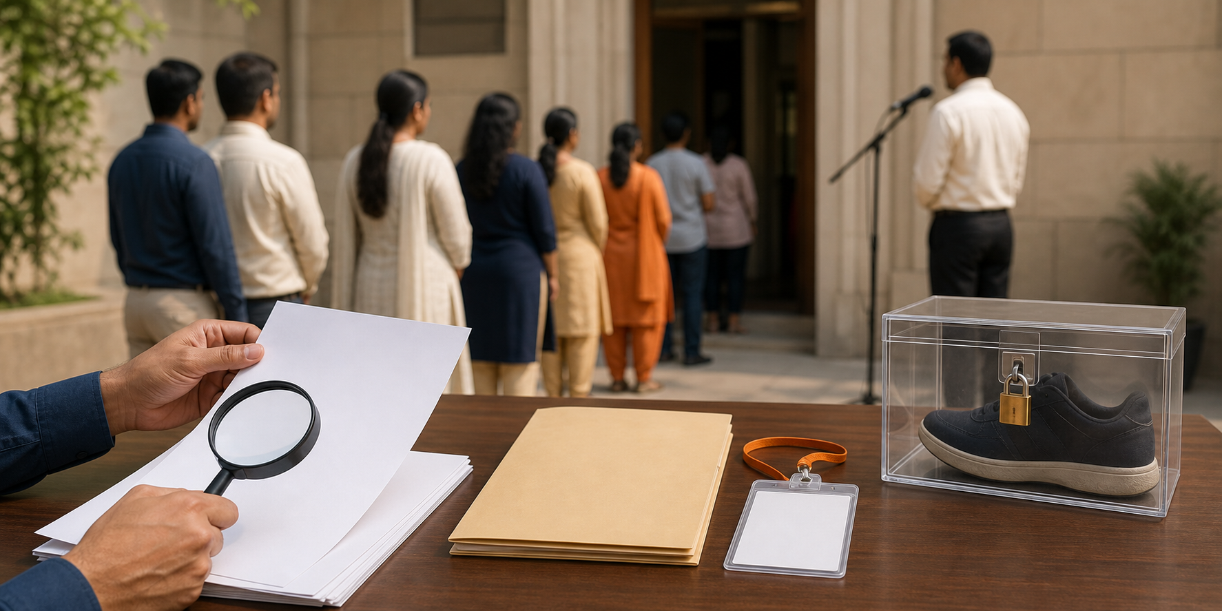 Anonymous hands examine blank documents beside a petition folder while a shoe is secured in a transparent box and an orderly queue waits in the background.