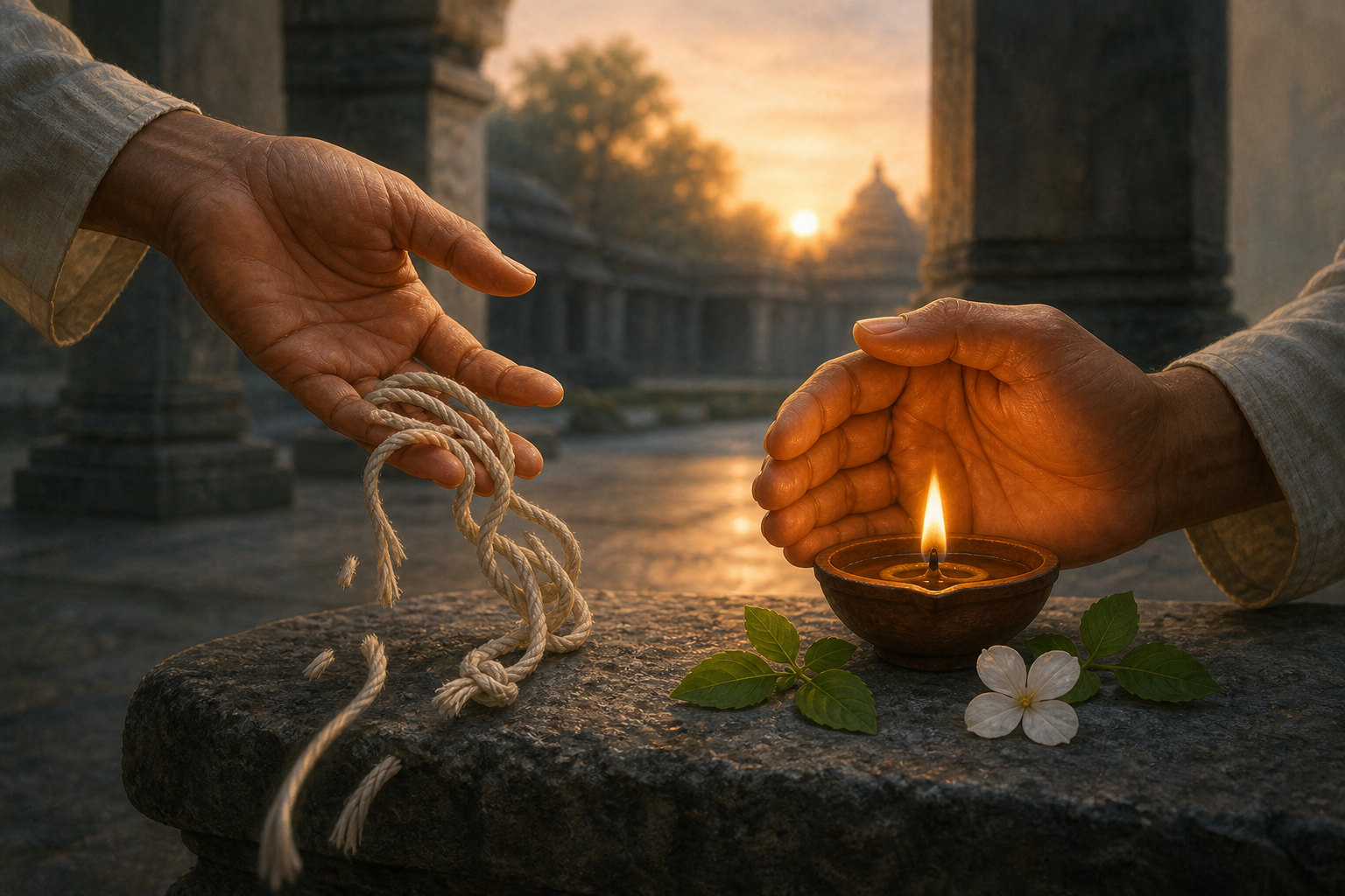 One hand releases knotted cotton cords while another protects a lit oil lamp beside tulasi leaves and a white flower.
