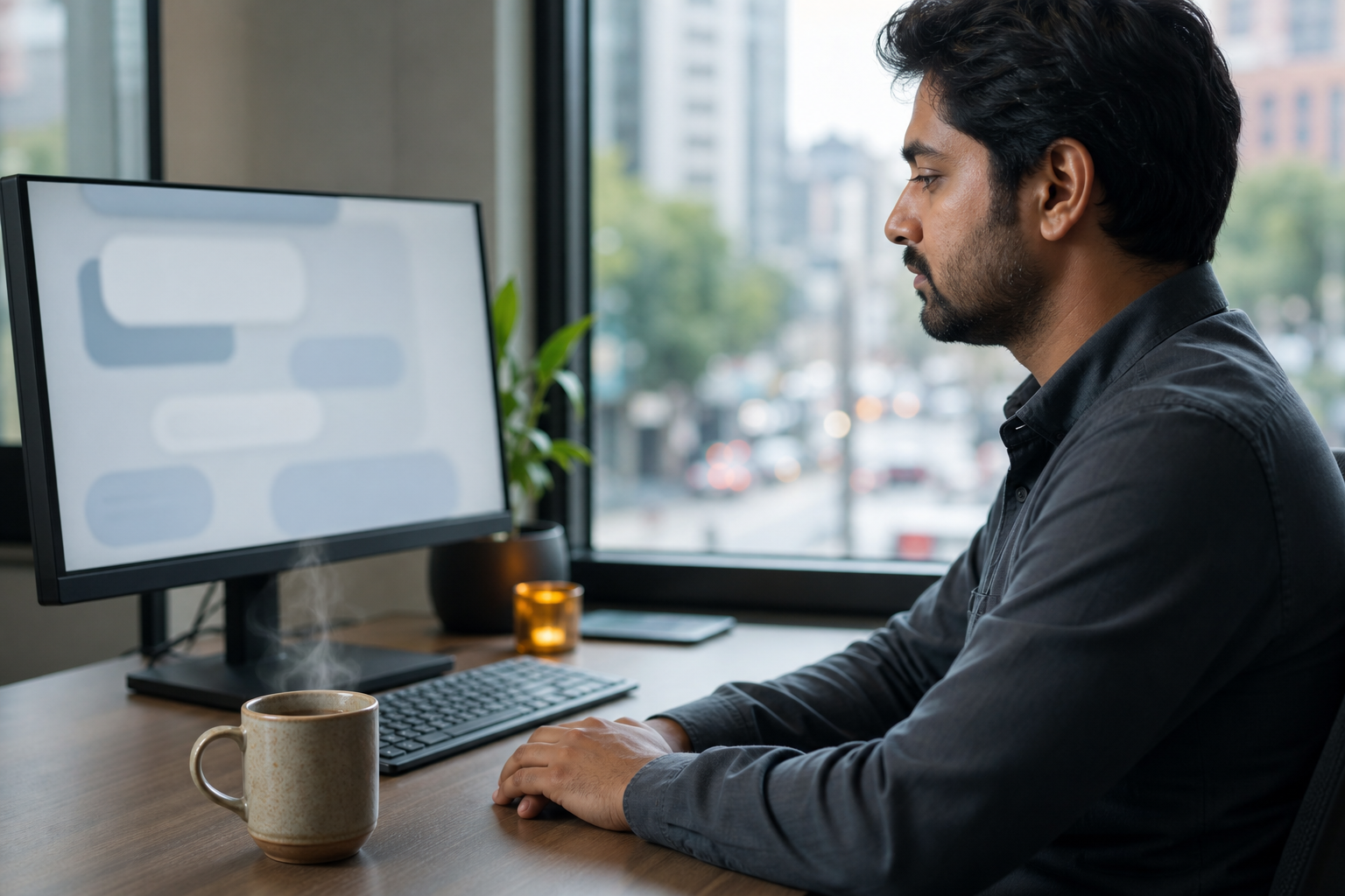 A professional pauses with relaxed hands at a desk while an unreadable message glows on a monitor and city traffic blurs behind them.