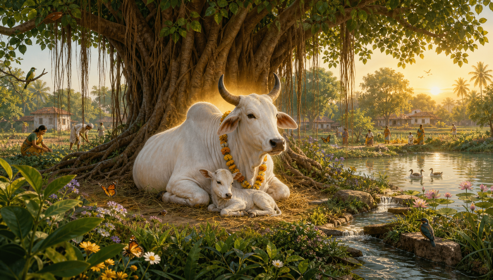 A luminous white zebu cow and calf stand beneath a banyan tree amid native plants, birds, water, and villagers caring for the landscape.