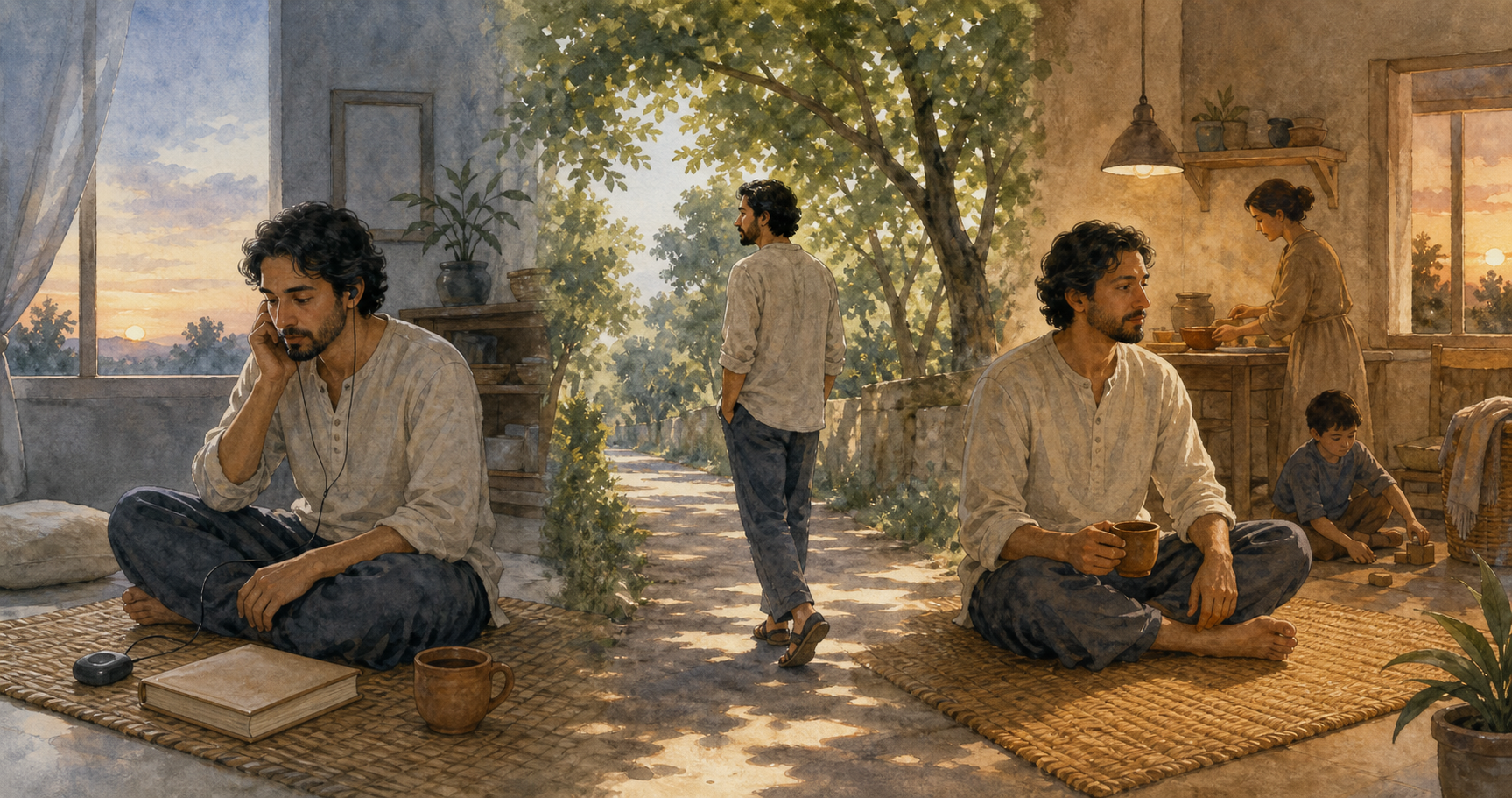 The same person listens in a simple room at dawn, reflects while walking beneath trees, and sits quietly at dusk.