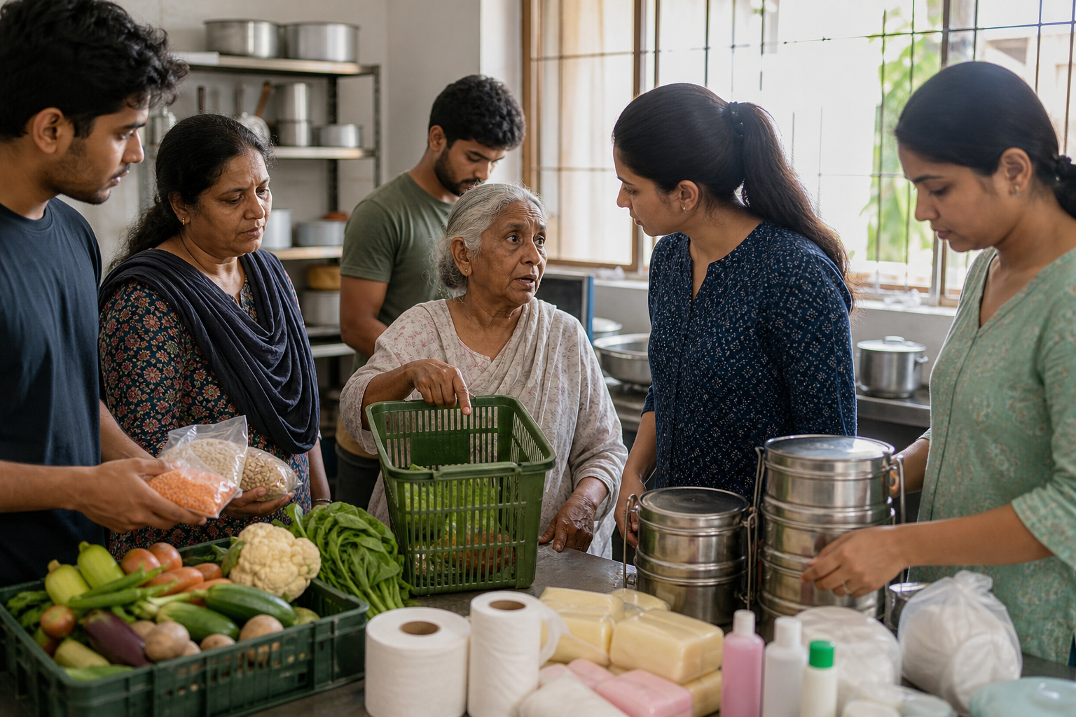 Volunteers listen to an older resident beside a table of groceries, hygiene supplies, and meal containers in a community kitchen.
