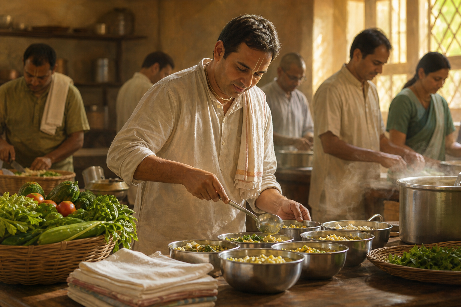 A volunteer portions a vegetarian meal in a temple kitchen while other community members prepare food in the background.