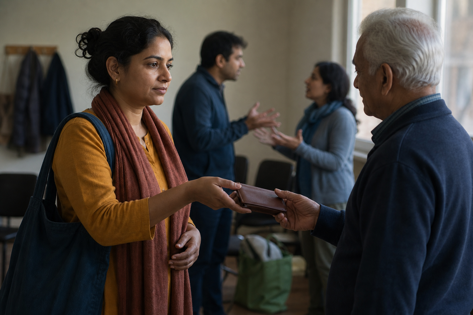 A woman calmly returns a wallet to an older person in a community room while other people disagree in the background.